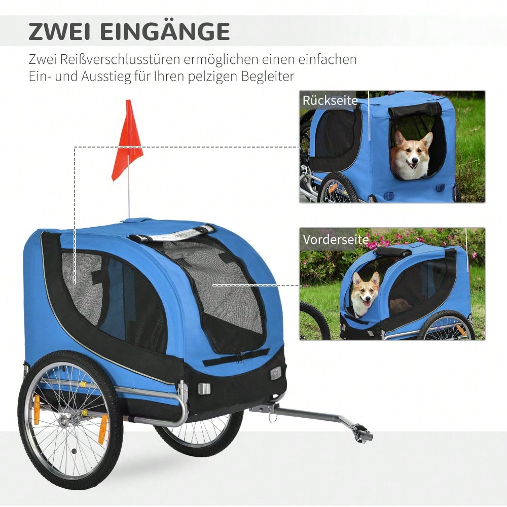 PawHut 2-in-1 Fahrradanhänger & Transportwagen für Hunde, Klappbar mit Sicherheitsleine & Belüftungsnetz, Bis 25kg, Leichtlaufräder (Blau/Schwarz, 130x73x90cm)