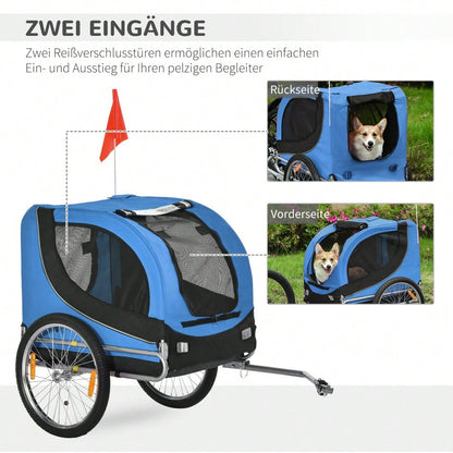 PawHut 2-in-1 Fahrradanhänger & Transportwagen für Hunde, Klappbar mit Sicherheitsleine & Belüftungsnetz, Bis 25kg, Leichtlaufräder (Blau/Schwarz, 130x73x90cm)