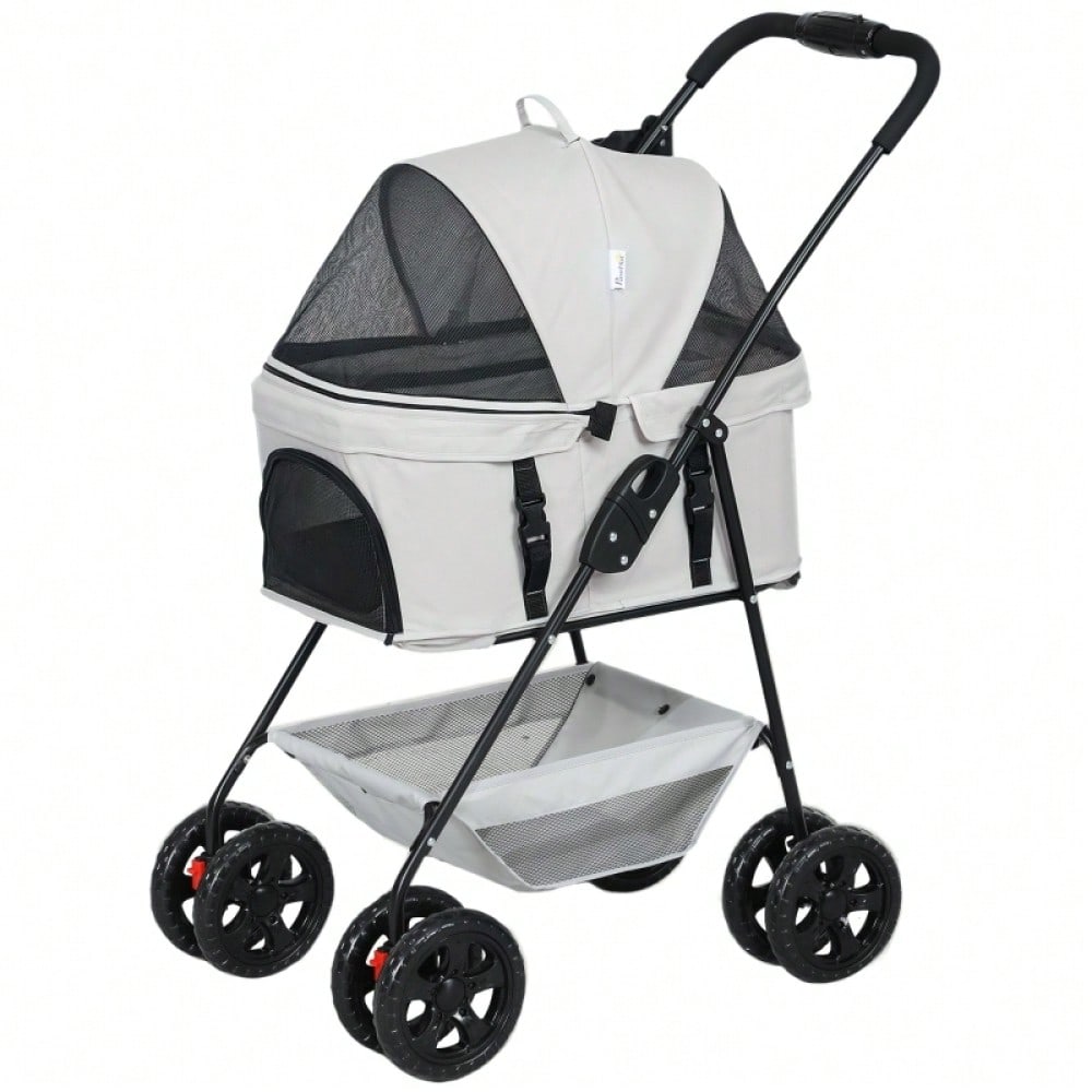PawHut 3-in-1 Hundewagen Klappbar mit 4 Rädern & Abnehmbarem Transportkorb, Für Hunde & Katzen, Sicher & Kompakt (Grau)