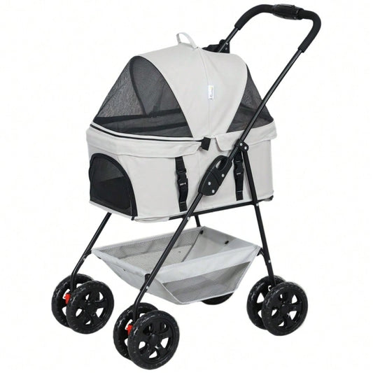 PawHut 3-in-1 Hundewagen Klappbar mit 4 Rädern & Abnehmbarem Transportkorb, Für Hunde & Katzen, Sicher & Kompakt (Grau)