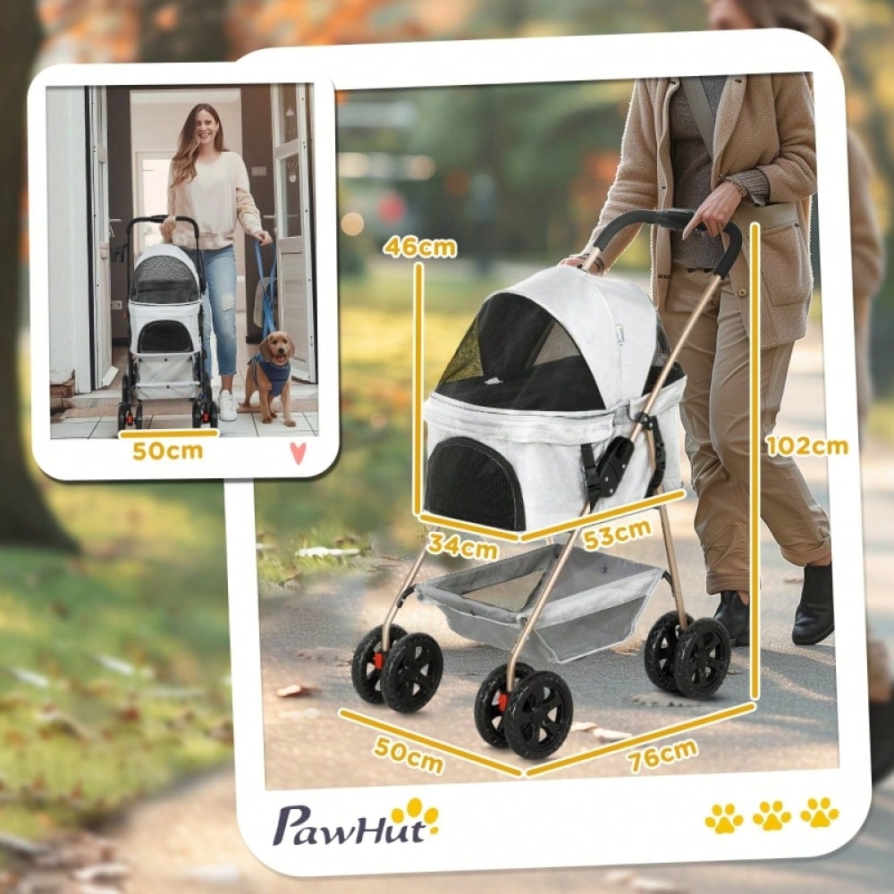 PawHut 3-in-1 Hundewagen Klappbar mit 4 Rädern & Abnehmbarem Transportkorb, Für Hunde & Katzen, Sicher & Kompakt (Grau)