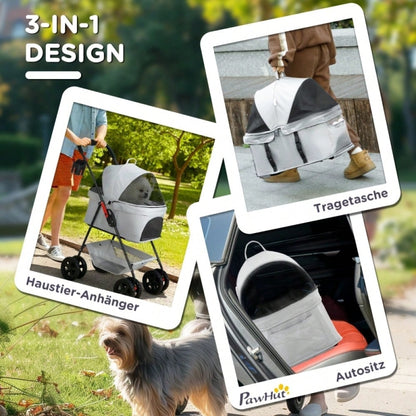PawHut 3-in-1 Hundewagen Klappbar mit 4 Rädern & Abnehmbarem Transportkorb, Für Hunde & Katzen, Sicher & Kompakt (Grau)