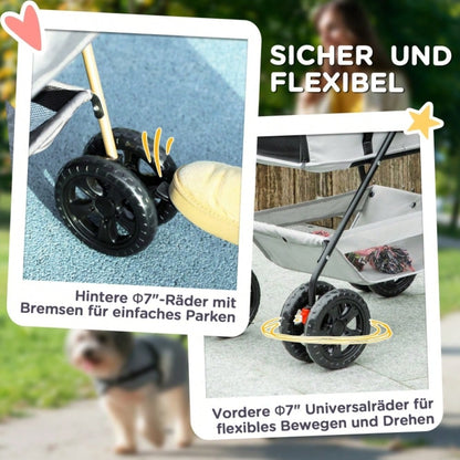 PawHut 3-in-1 Hundewagen Klappbar mit 4 Rädern & Abnehmbarem Transportkorb, Für Hunde & Katzen, Sicher & Kompakt (Grau)