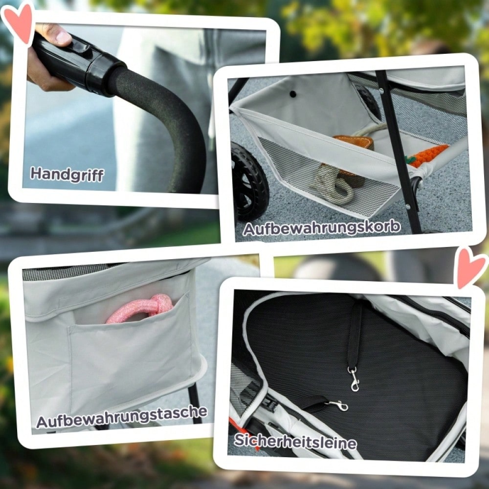 PawHut 3-in-1 Hundewagen Klappbar mit 4 Rädern & Abnehmbarem Transportkorb, Für Hunde & Katzen, Sicher & Kompakt (Grau)