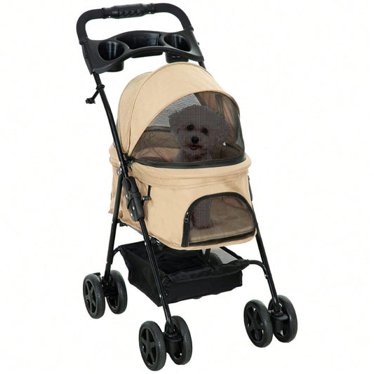 PawHut Hundebuggy Klappbar für Kleine Hunde & Katzen, Haustierwagen mit Oxford-Bezug, Leichtlaufräder (Khaki, 67x45x96 cm)