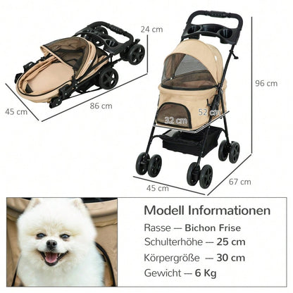 PawHut Hundebuggy Klappbar für Kleine Hunde & Katzen, Haustierwagen mit Oxford-Bezug, Leichtlaufräder (Khaki, 67x45x96 cm)