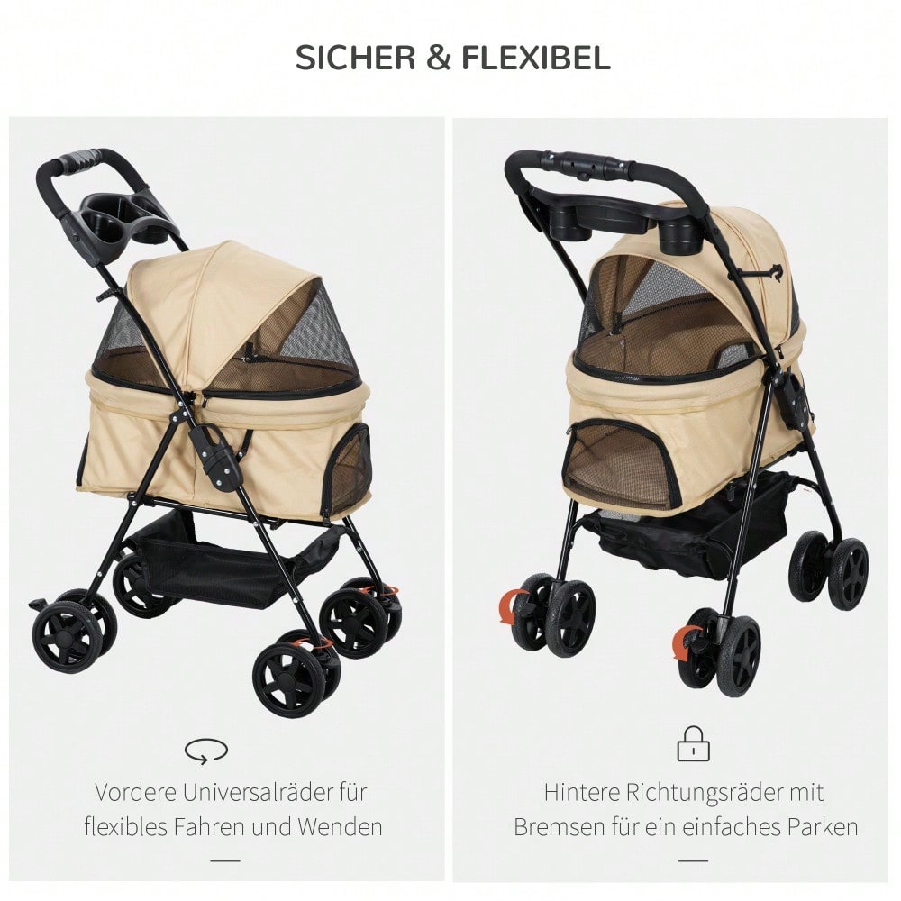 PawHut Hundebuggy Klappbar für Kleine Hunde & Katzen, Haustierwagen mit Oxford-Bezug, Leichtlaufräder (Khaki, 67x45x96 cm)