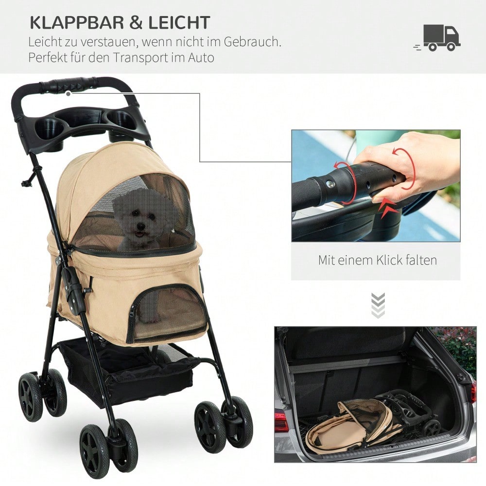 PawHut Hundebuggy Klappbar für Kleine Hunde & Katzen, Haustierwagen mit Oxford-Bezug, Leichtlaufräder (Khaki, 67x45x96 cm)