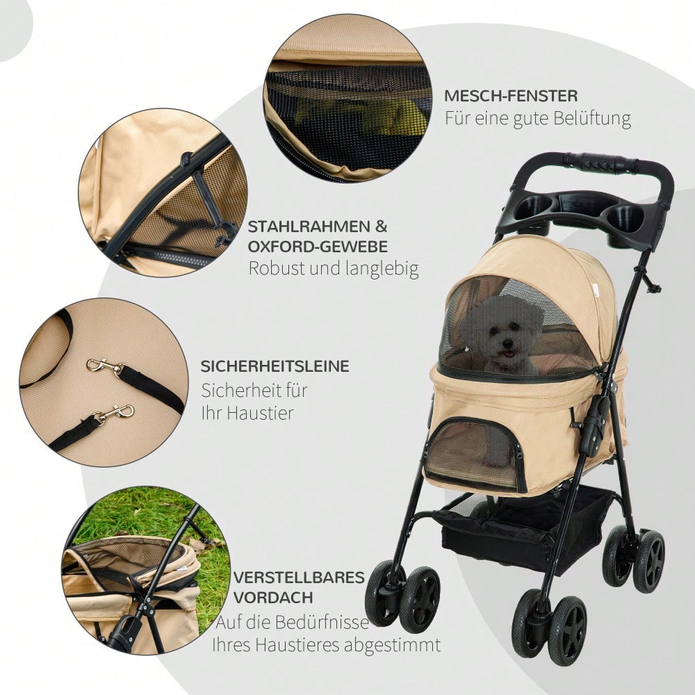 PawHut Hundebuggy Klappbar für Kleine Hunde & Katzen, Haustierwagen mit Oxford-Bezug, Leichtlaufräder (Khaki, 67x45x96 cm)