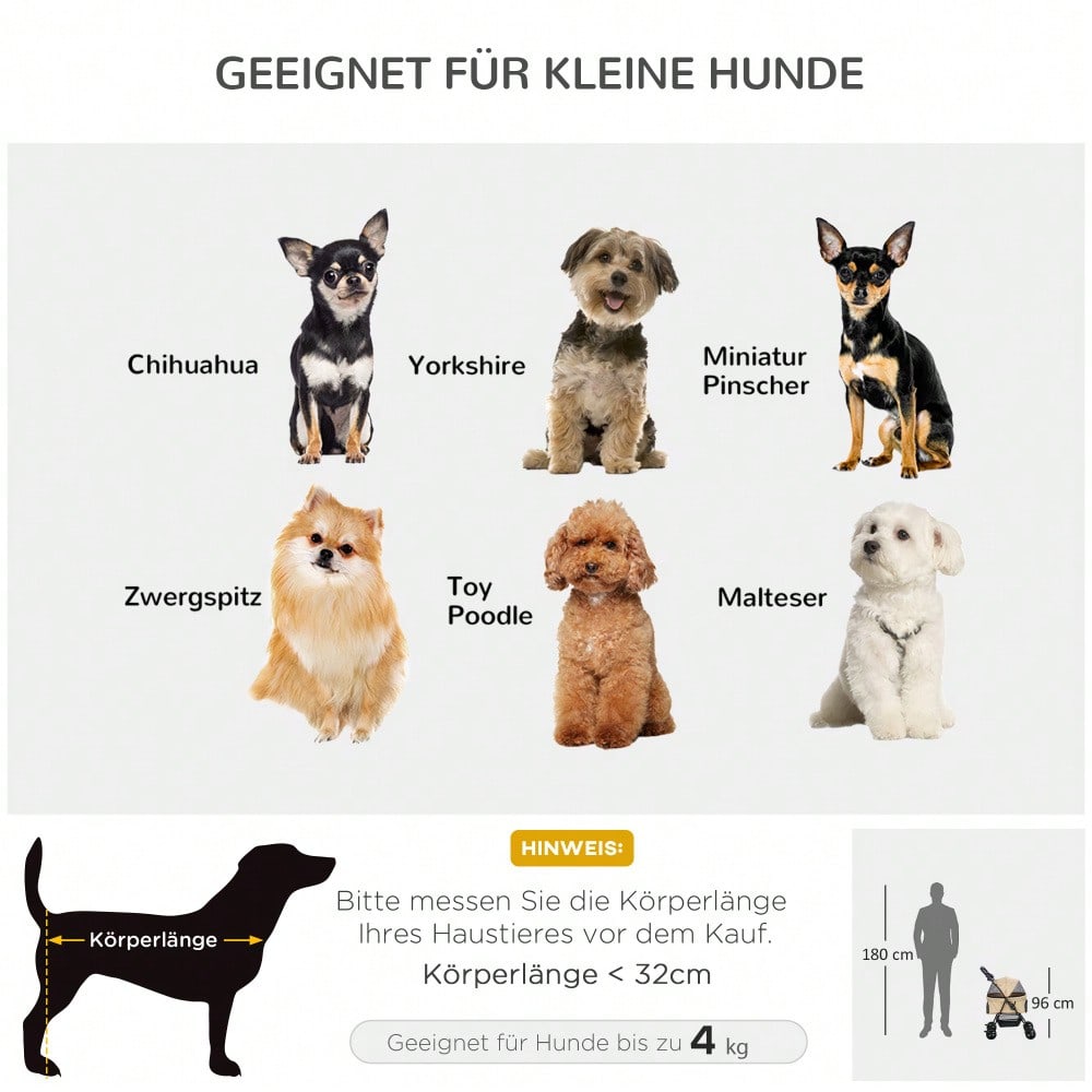 PawHut Hundebuggy Klappbar für Kleine Hunde & Katzen, Haustierwagen mit Oxford-Bezug, Leichtlaufräder (Khaki, 67x45x96 cm)
