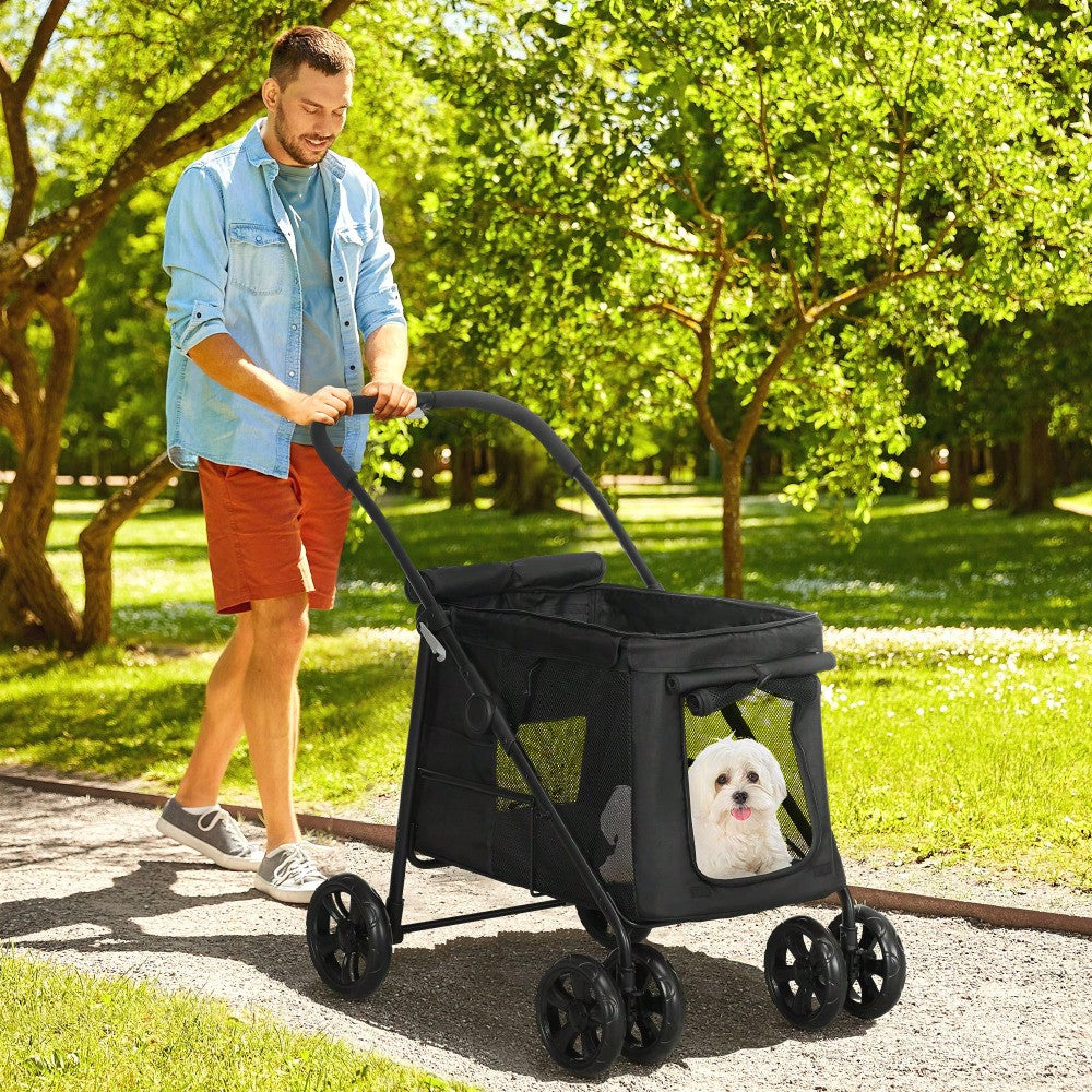 PawHut Hundebuggy Faltbar für Kleine & Mittelgroße Hunde bis 20 kg, Mit Netzfenstern & Seitentaschen, Oxford-Gewebe, Sicher & Leicht (Schwarz)