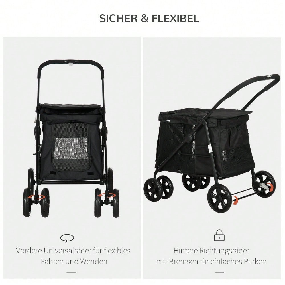 PawHut Hundebuggy Faltbar für Kleine & Mittelgroße Hunde bis 20 kg, Mit Netzfenstern & Seitentaschen, Oxford-Gewebe, Sicher & Leicht (Schwarz)