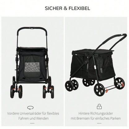PawHut Hundebuggy Faltbar für Kleine & Mittelgroße Hunde bis 20 kg, Mit Netzfenstern & Seitentaschen, Oxford-Gewebe, Sicher & Leicht (Schwarz)