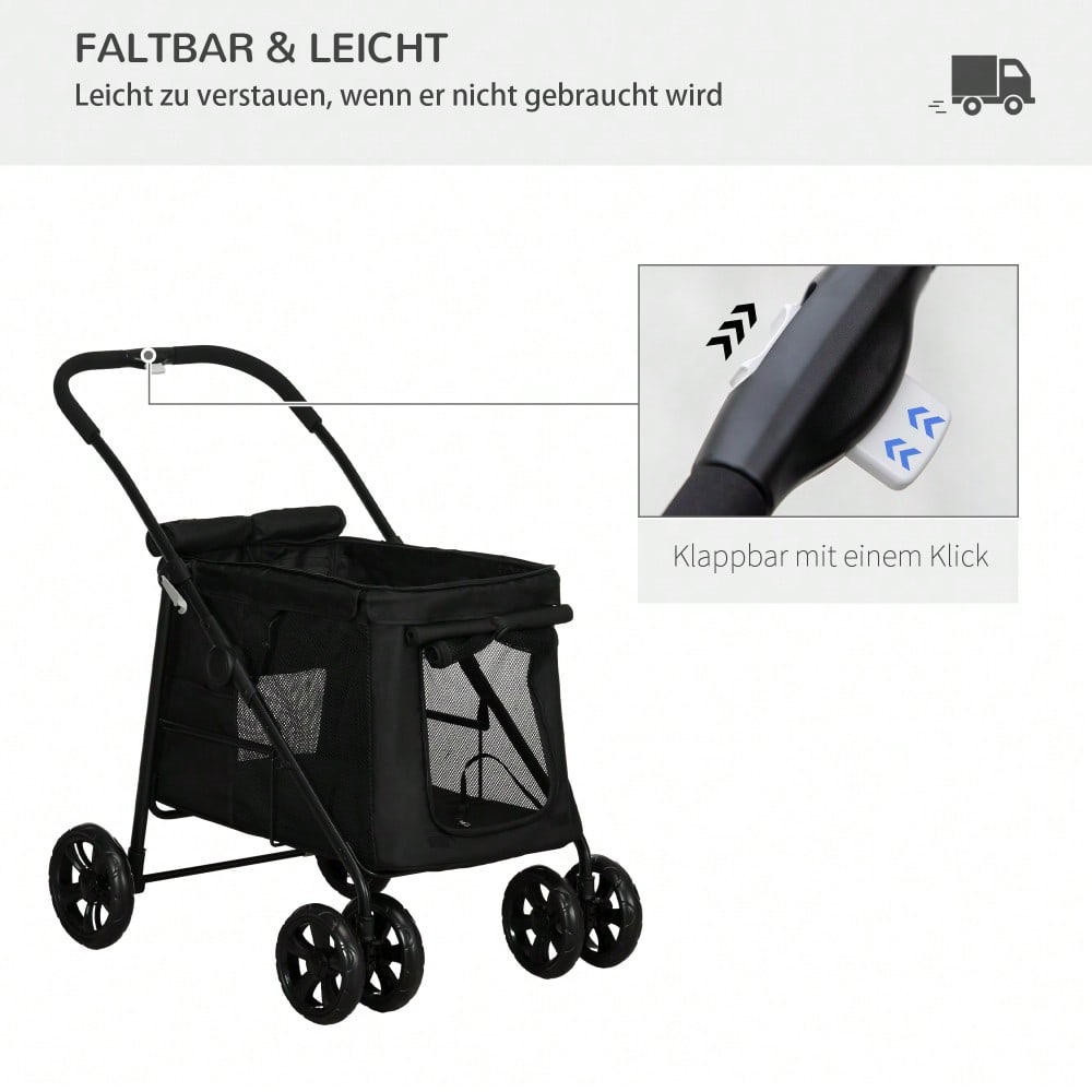 PawHut Hundebuggy Faltbar für Kleine & Mittelgroße Hunde bis 20 kg, Mit Netzfenstern & Seitentaschen, Oxford-Gewebe, Sicher & Leicht (Schwarz)