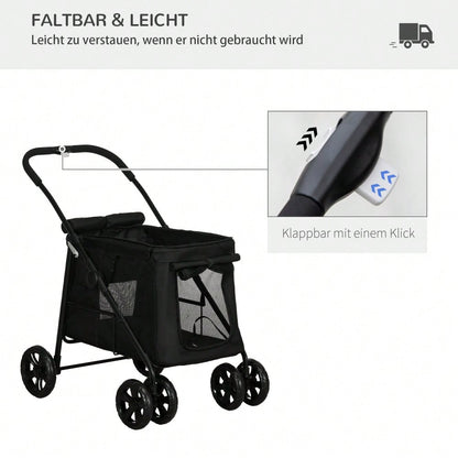 PawHut Hundebuggy Faltbar für Kleine & Mittelgroße Hunde bis 20 kg, Mit Netzfenstern & Seitentaschen, Oxford-Gewebe, Sicher & Leicht (Schwarz)