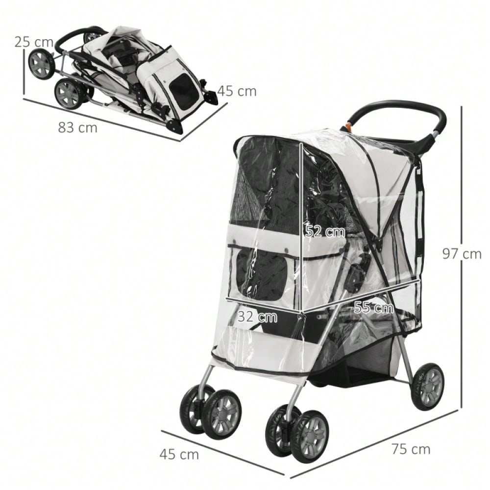 PawHut Hundebuggy Klappbar bis 10 kg, Mit Regenschutz, Bodenkorb & 2 Becherhaltern, Für Kleine Hunde, Leicht & Kompakt 75x45x97 cm (Grau)