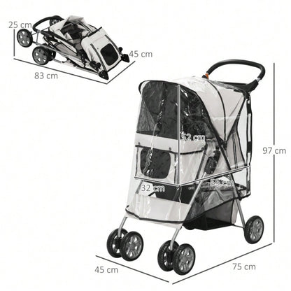 PawHut Hundebuggy Klappbar bis 10 kg, Mit Regenschutz, Bodenkorb & 2 Becherhaltern, Für Kleine Hunde, Leicht & Kompakt 75x45x97 cm (Grau)