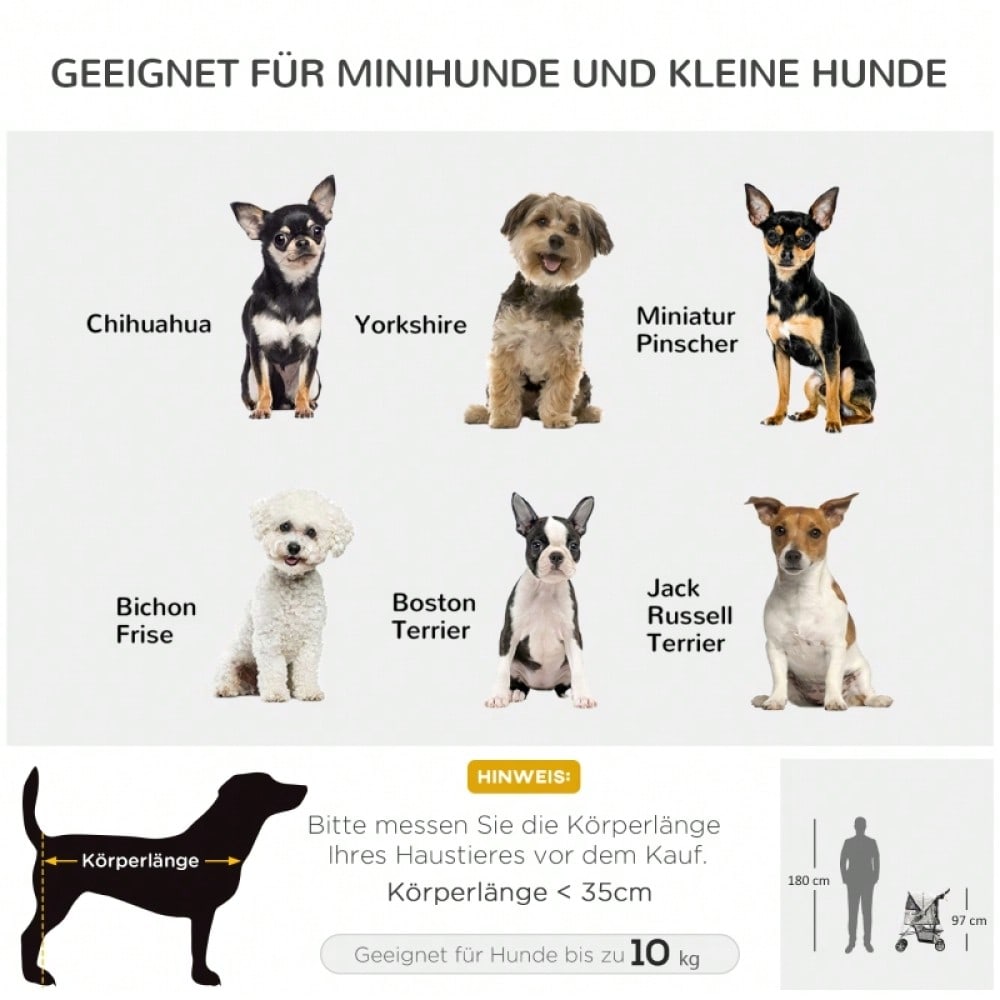 PawHut Hundebuggy Klappbar bis 10 kg, Mit Regenschutz, Bodenkorb & 2 Becherhaltern, Für Kleine Hunde, Leicht & Kompakt 75x45x97 cm (Grau)