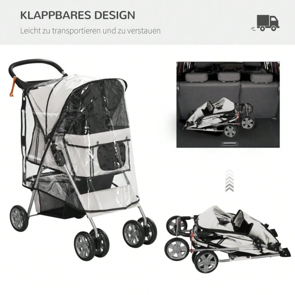 PawHut Hundebuggy Klappbar bis 10 kg, Mit Regenschutz, Bodenkorb & 2 Becherhaltern, Für Kleine Hunde, Leicht & Kompakt 75x45x97 cm (Grau)