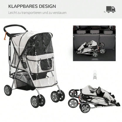 PawHut Hundebuggy Klappbar bis 10 kg, Mit Regenschutz, Bodenkorb & 2 Becherhaltern, Für Kleine Hunde, Leicht & Kompakt 75x45x97 cm (Grau)