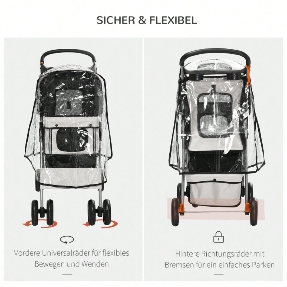 PawHut Hundebuggy Klappbar bis 10 kg, Mit Regenschutz, Bodenkorb & 2 Becherhaltern, Für Kleine Hunde, Leicht & Kompakt 75x45x97 cm (Grau)