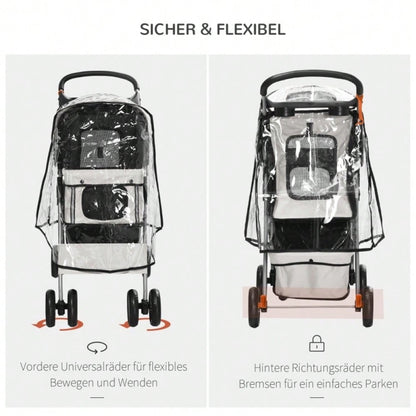 PawHut Hundebuggy Klappbar bis 10 kg, Mit Regenschutz, Bodenkorb & 2 Becherhaltern, Für Kleine Hunde, Leicht & Kompakt 75x45x97 cm (Grau)