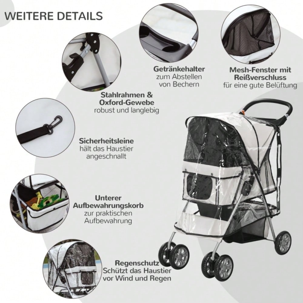 PawHut Hundebuggy Klappbar bis 10 kg, Mit Regenschutz, Bodenkorb & 2 Becherhaltern, Für Kleine Hunde, Leicht & Kompakt 75x45x97 cm (Grau)