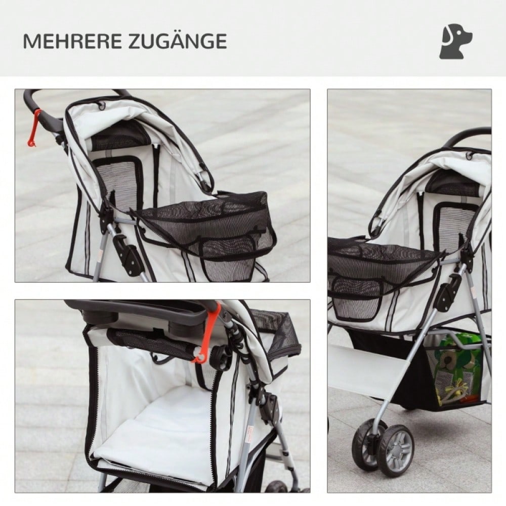PawHut Hundebuggy Klappbar bis 10 kg, Mit Regenschutz, Bodenkorb & 2 Becherhaltern, Für Kleine Hunde, Leicht & Kompakt 75x45x97 cm (Grau)