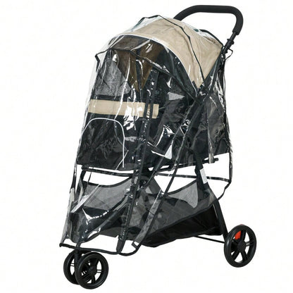 PawHut 2-in-1 Hundebuggy Klappbar mit Regenschutz & Kissen, Für Hunde & Katzen bis 10 kg, Mit Netzfenstern & Aufbewahrungskorb (Khaki)