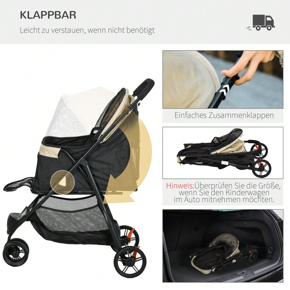 PawHut 2-in-1 Hundebuggy Klappbar mit Regenschutz & Kissen, Für Hunde & Katzen bis 10 kg, Mit Netzfenstern & Aufbewahrungskorb (Khaki)