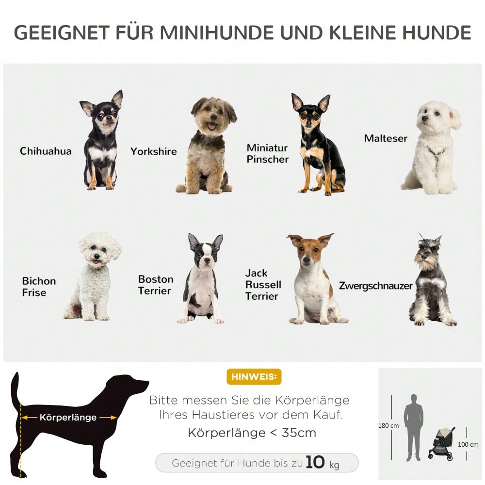 PawHut 2-in-1 Hundebuggy Klappbar mit Regenschutz & Kissen, Für Hunde & Katzen bis 10 kg, Mit Netzfenstern & Aufbewahrungskorb (Khaki)