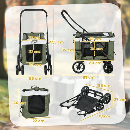 PawHut 2-in-1 Hundebuggy Klappbar mit Kissen & Regenschutz, Für Hunde & Katzen bis 10 kg, Mit Netzfenstern & Aufbewahrungskorb (Dunkelgrün)