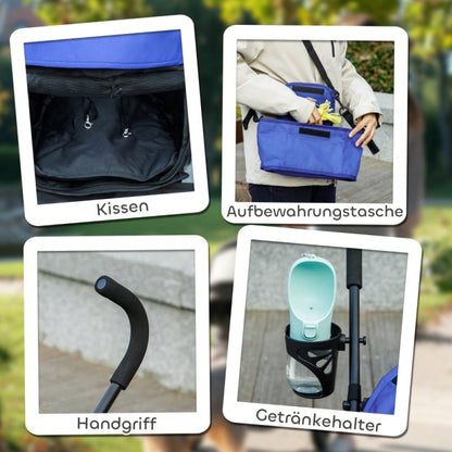 PawHut Hundebuggy Klappbar für Kleine Hunde & Katzen bis 4 kg, Mit Netzfenstern, Sicherheitsgurt & Aufbewahrungstasche, Inkl. Regenschutz (Dunkelblau)