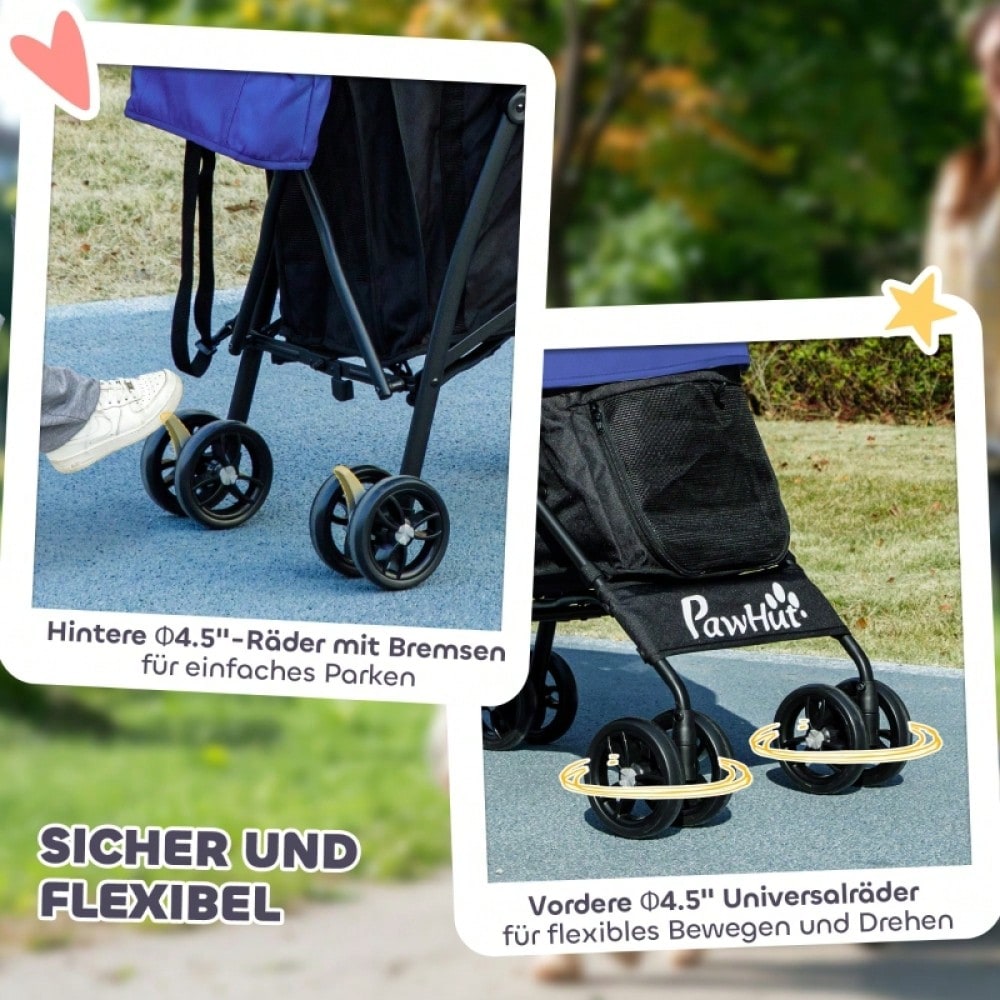 PawHut Hundebuggy Klappbar für Kleine Hunde & Katzen bis 4 kg, Mit Netzfenstern, Sicherheitsgurt & Aufbewahrungstasche, Inkl. Regenschutz (Dunkelblau)