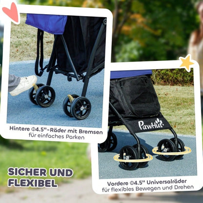 PawHut Hundebuggy Klappbar für Kleine Hunde & Katzen bis 4 kg, Mit Netzfenstern, Sicherheitsgurt & Aufbewahrungstasche, Inkl. Regenschutz (Dunkelblau)