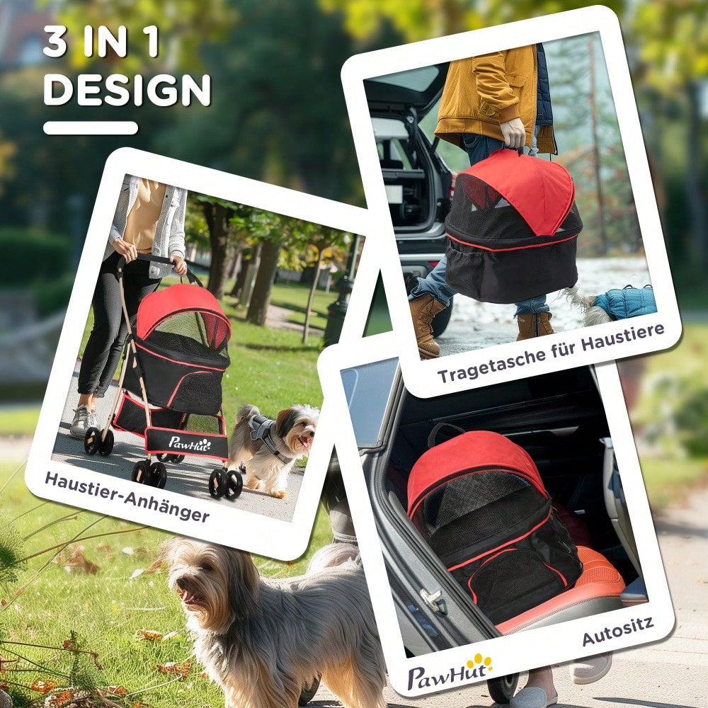 PawHut 2-in-1 Hundetrolley Faltbar mit Tragetasche & Kissen, Für Kleine Hunde & Katzen, Mit Netzfenstern & Belüftung, Oxford-Stoff