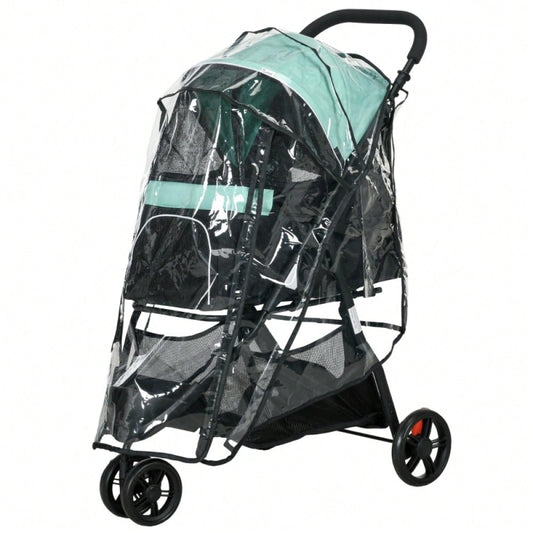 PawHut Haustierbuggy Klappbar mit Regenschutz & 2 Getränkehaltern, Für Kleine Hunde & Katzen, Leicht & Kompakt (Blau/Grün)