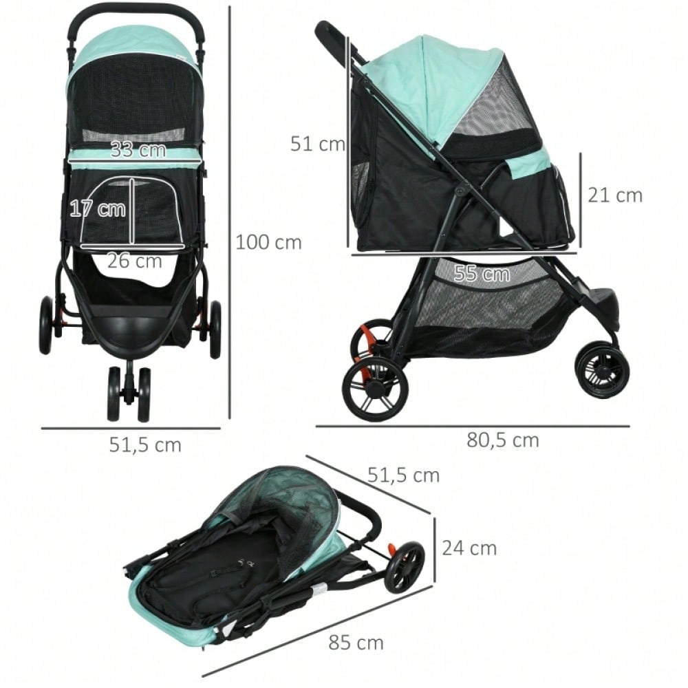 PawHut Haustierbuggy Klappbar mit Regenschutz & 2 Getränkehaltern, Für Kleine Hunde & Katzen, Leicht & Kompakt (Blau/Grün)