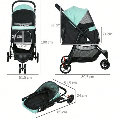 PawHut Haustierbuggy Klappbar mit Regenschutz & 2 Getränkehaltern, Für Kleine Hunde & Katzen, Leicht & Kompakt (Blau/Grün)