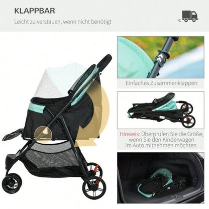 PawHut Haustierbuggy Klappbar mit Regenschutz & 2 Getränkehaltern, Für Kleine Hunde & Katzen, Leicht & Kompakt (Blau/Grün)