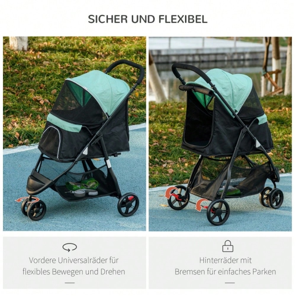 PawHut Haustierbuggy Klappbar mit Regenschutz & 2 Getränkehaltern, Für Kleine Hunde & Katzen, Leicht & Kompakt (Blau/Grün)