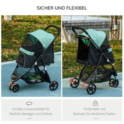 PawHut Haustierbuggy Klappbar mit Regenschutz & 2 Getränkehaltern, Für Kleine Hunde & Katzen, Leicht & Kompakt (Blau/Grün)
