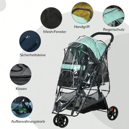 PawHut Haustierbuggy Klappbar mit Regenschutz & 2 Getränkehaltern, Für Kleine Hunde & Katzen, Leicht & Kompakt (Blau/Grün)