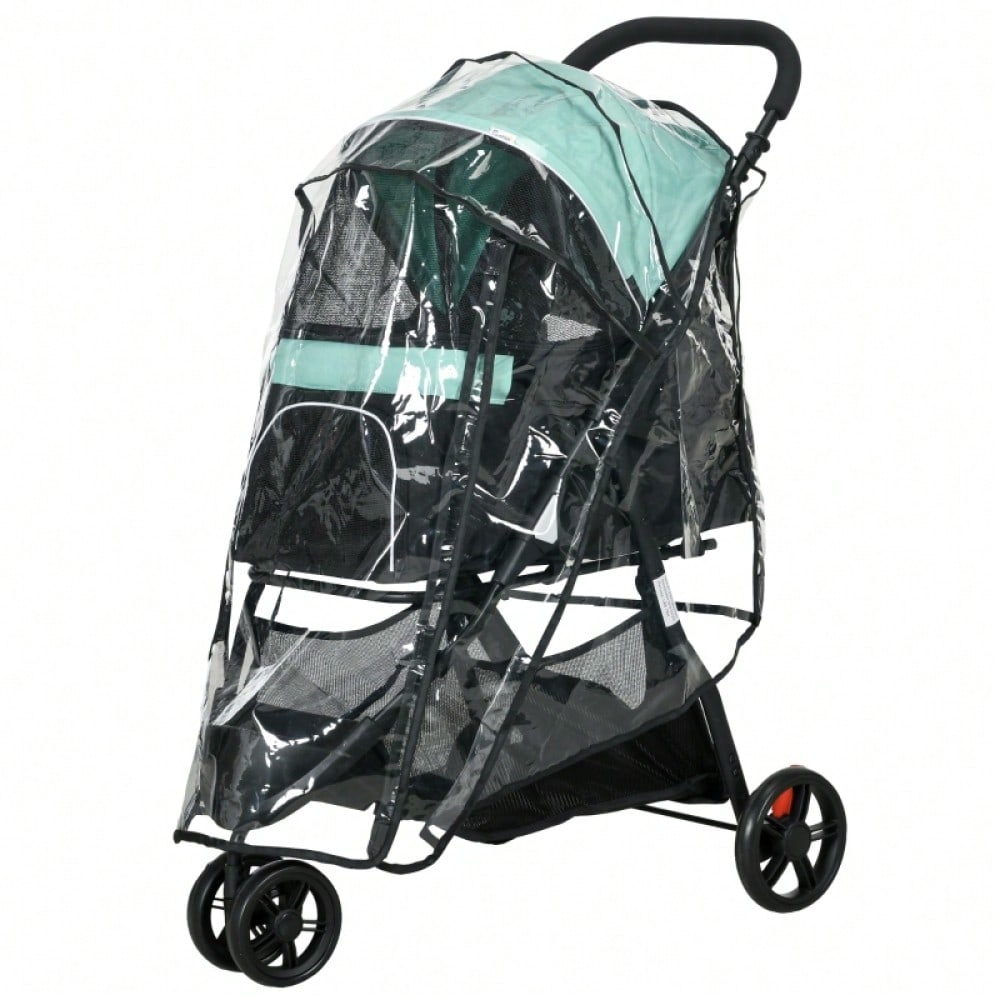 PawHut Haustierbuggy Klappbar mit Regenschutz & 2 Getränkehaltern, Für Kleine Hunde & Katzen, Leicht & Kompakt (Blau/Grün)