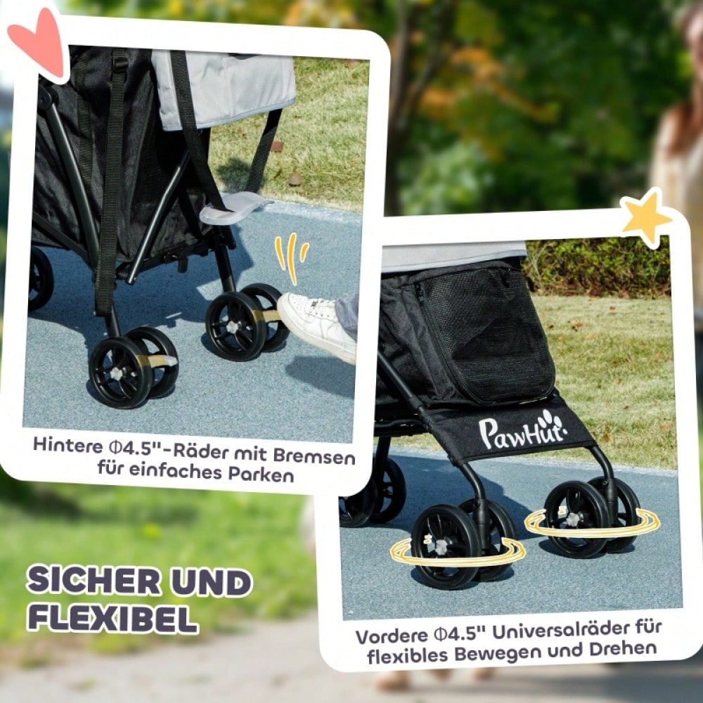 PawHut Haustierwagen mit Sicherheitsleinen & Netzfenstern, Transportwagen für Hunde und Katzen, Großzügiger Stauraum 76x44x103 cm (Hellgrau)