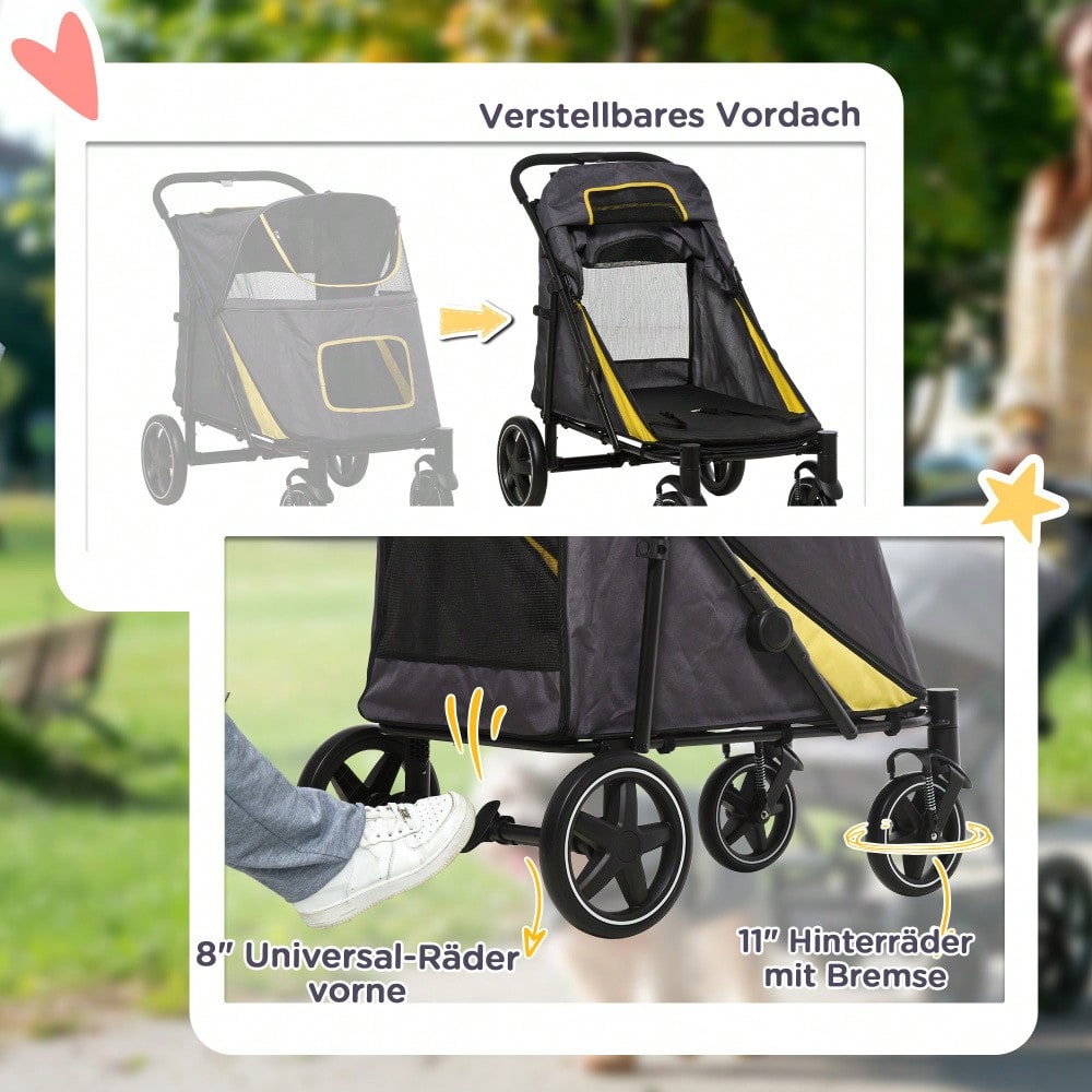 PawHut Hundebuggy Faltbar mit Kissen & Sicherheitsleinen, Für Hunde & Katzen, Mit Netzfenstern & Seitentaschen, Oxford-Stoff (Dunkelgrau)