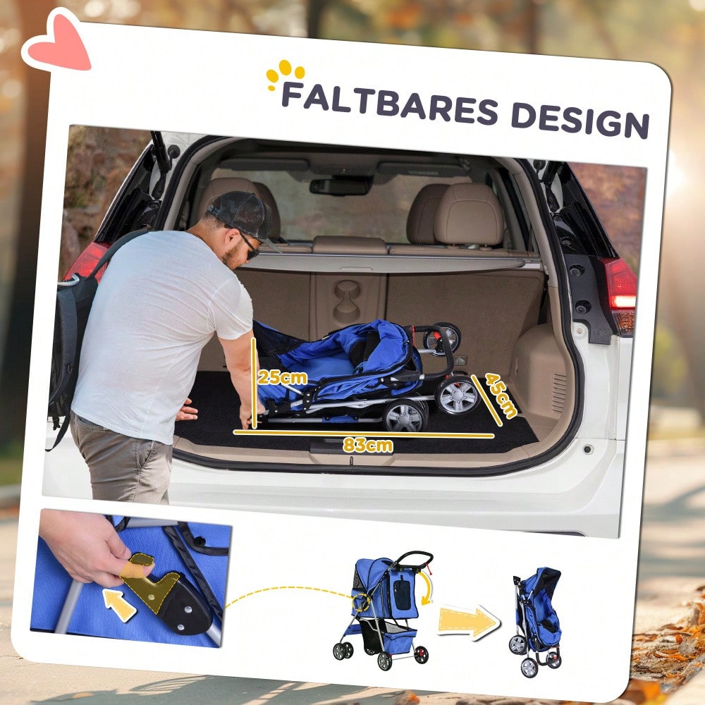 PawHut Hundebuggy Faltbar & Leicht, Für Spaziergänge & Jogging, Transportwagen für Hunde, Mit Sicherheitsleinen (Blau)