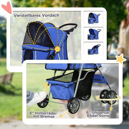 PawHut Hundebuggy Faltbar & Leicht, Für Spaziergänge & Jogging, Transportwagen für Hunde, Mit Sicherheitsleinen (Blau)