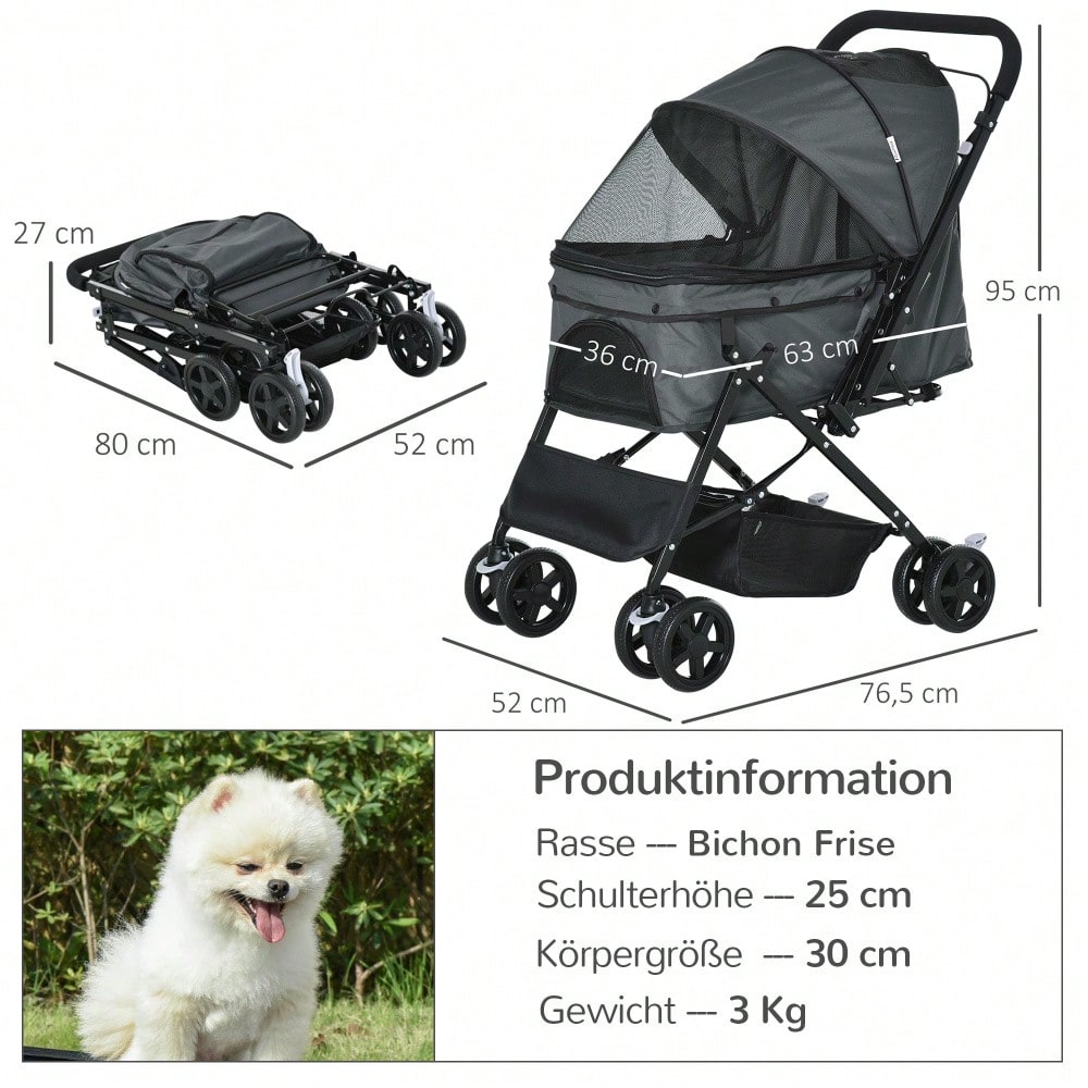 PawHut Hundebuggy für Kleine Hunde & Katzen, Faltbar mit Sicherheitsleinen & Netzfenstern, Oxford-Gewebe, 76.5x52x95 cm (Dunkelgrau)