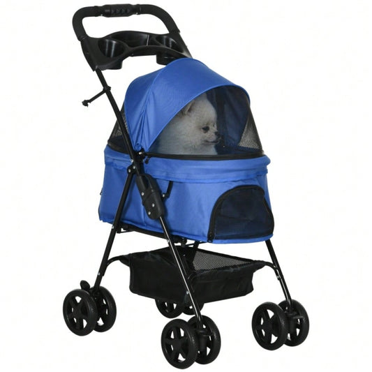 PawHut Hundebuggy Klappbar für Kleine Hunde & Katzen, Mit Sicherheitsleinen & Netzfenstern, Oxford-Gewebe, Kompakt 67x45x96 cm (Blau)